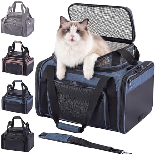 Cat Carrier Soft Sided, Expandable Pet Carrier for Medium Small Pets, Collapsible Travel Carrier with Hard Shell, 360° Panoramic Mesh, Washable Waterproof Pad | – 17.3×13.8×9.4 (Blue) by Unknown