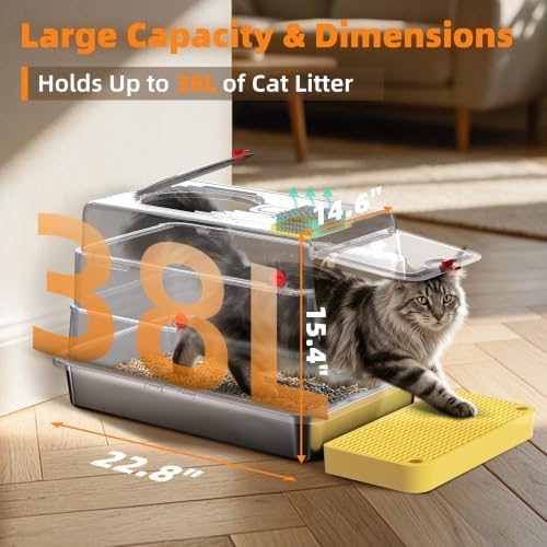 4-in-1 Stainless Steel Cat Litter Box with Flip Lid and High Sides, Yellow - Image 2