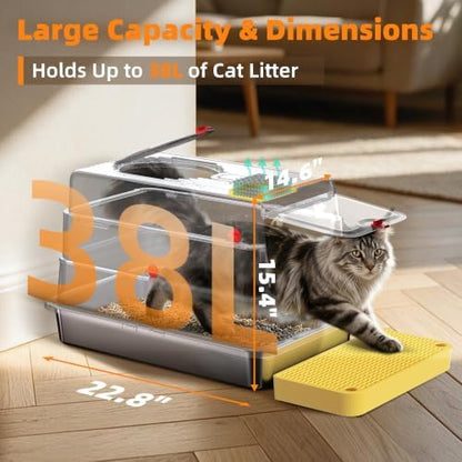 4-in-1 Stainless Steel Cat Litter Box with Flip Lid and High Sides, Yellow - Image 2