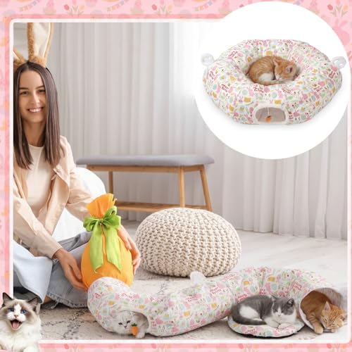 Aliceset Easter Bunny Cat Tunnel Bed for Indoor Cats 3ft x 3ft x 10in Foldable Cat Donut Tunnel with Washable Cushion Easter Rabbit Peekaboo Cave Toy for Small Kitten Kitty - Image 6