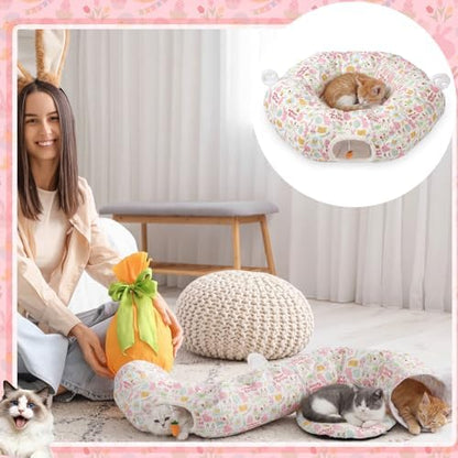 Aliceset Easter Bunny Cat Tunnel Bed for Indoor Cats 3ft x 3ft x 10in Foldable Cat Donut Tunnel with Washable Cushion Easter Rabbit Peekaboo Cave Toy for Small Kitten Kitty - Image 6