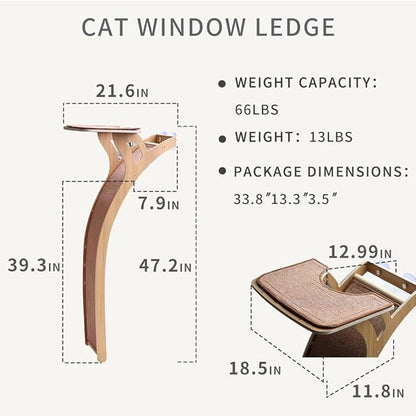 JKXJKX 47" Floor Standing Cat Window Perch with Curved Scratching Ramp, 80 Lbs Heavy Duty Window Bed Seat with Suction Cups, Climbing Tree Furniture for Indoor Cats Bird Watching