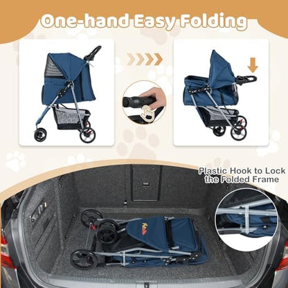 3 Wheels Dog Stroller, Foldable Pet Stroller for Small/Medium Dogs Cats, Cat Carrier with Storage Basket and Cup Holder, Pet Car Seat with Soft Pad (Navy Blue) - Image 7