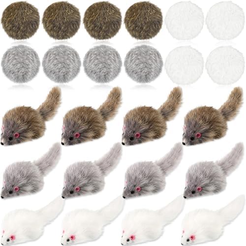 Lewtemi 24 Pcs Real Rabbit Fur Mouse Toys for Cats 12 Fluffy Rattle Mouse and 12 Fuzzy Cat Balls Realistic Fake Mice Without Catnip Interactive Kitty Toy for Pets Kitten Play by Lewtemi