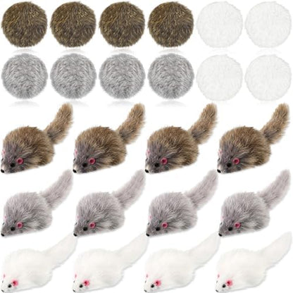 Lewtemi 24 Pcs Real Rabbit Fur Mouse Toys for Cats 12 Fluffy Rattle Mouse and 12 Fuzzy Cat Balls Realistic Fake Mice Without Catnip Interactive Kitty Toy for Pets Kitten Play by Lewtemi