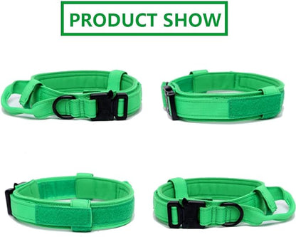 Xqpetlihai Tactical Dog Collar - Military Dog Collar - Adjustable Nylon - Heavy Duty Metal Buckle with Handle - Bright Green, Large, Medium