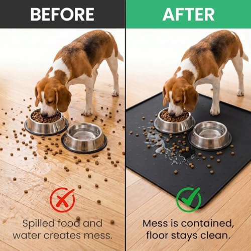 Silicone Pet Feeding Mat, 26x26 Inch Waterproof Dog Bowl Mat – Non-Slip, Machine Washable, Thin 0.23 Inch Edge for Messy Eaters, Protects Hardwood & Tile Floors, Black - Image 5