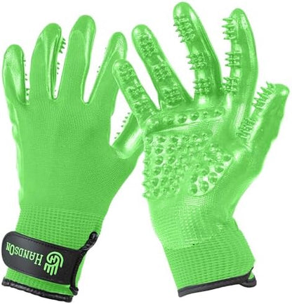H HANDSON Pet Grooming Gloves - Patented #1 Ranked, Award Winning Shedding, Bathing, & Hair Remover Gloves - Gentle Brush for Cats, Dogs, and Horses (Mono Green, Junior) by HandsOnPatentedOriginalGroomingBathingGloves