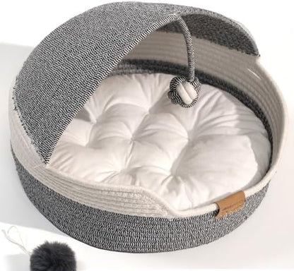 CHEERPALS Cat Basket Bed with Washable Cushion and Ball Rope Cotton, Covered Pet Bed for Indoor Cats Cave Bed Hooded, Stimulicat Cat Bed Handwoven Breathable, All Season Universal(Blue) by CHEERPALS