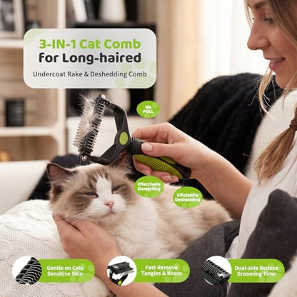 3-in-1 Cat Brush for Long Hair Cats, Dematting & Deshedding Tool - Image 6