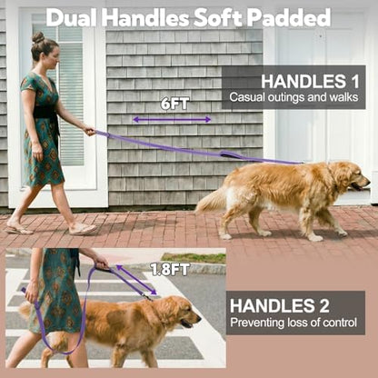 Dual-Handle Dog Leash 6FT, Heavy Duty Nylon with Reflective Threads,Purple - Image 2