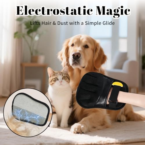 Pet Hair Removal Gloves, Black and Yellow Colors, Static Hair Removal, Adjustable Strap, Reusable for Clothing, Sofa, Car Seat, Set of 2 - Image 6