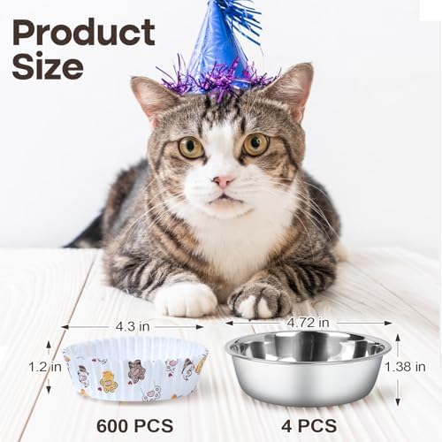 Cat Bowl Set (600 Disposable Pet Bowl Liners with 4 Stainless Steel Bowls) - Image 2