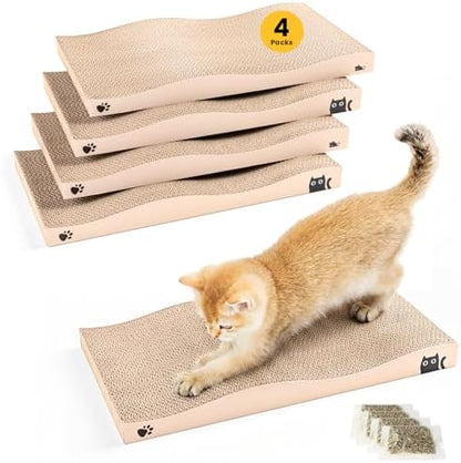 Cat Scratcher, Durable Scratch Pad, Corrugated Cardboard Scratching Board for Indoor Cats, Heavy Duty, Double-Sided Usability, Recyclable, with Catnip，4 Pack by Conlun