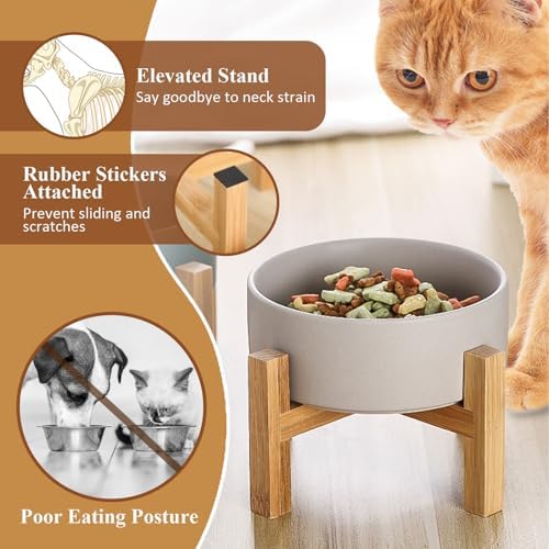 Elevated Ceramic Cat Bowl - Cat Food Bowl with Bamboo Stand - Raised Dog Dish for Puppies - Anti Vomiting, Stress Free - 13.5 oz / 400 ml - White - Image 3