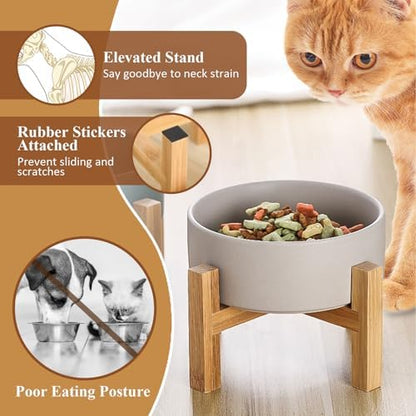 Elevated Ceramic Cat Bowl - Cat Food Bowl with Bamboo Stand - Raised Dog Dish for Puppies - Anti Vomiting, Stress Free - 13.5 oz / 400 ml - White - Image 3
