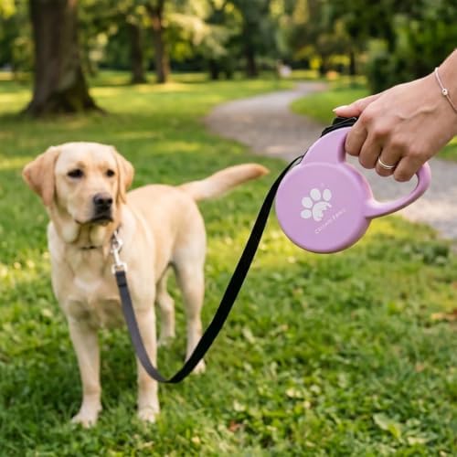 Retractable Dog Leash, 16ft Heavy Duty Nylon Tape for Medium Dogs up to 44 lbs, One-Hand Brake & Lock, Tangle-Free, Ergonomic 3" Large Handle, Lightweight Pink M GC-DAN - Image 5