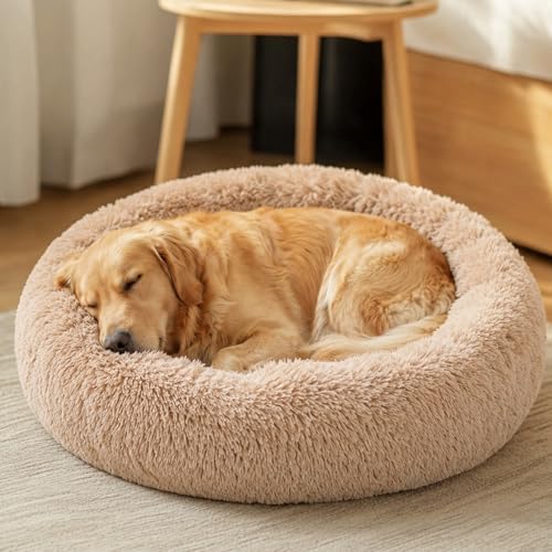 JOLLYVOGUE Calming Dog Beds Extra Large Sized Dog, 45in Donut Washable Large Pet Bed, Anti-Slip & Anti-Anxiety Fluffy Faux Fur Round Dogs Bed, Fits up to 125 lbs Pets (Camel) by JOLLYVOGUE