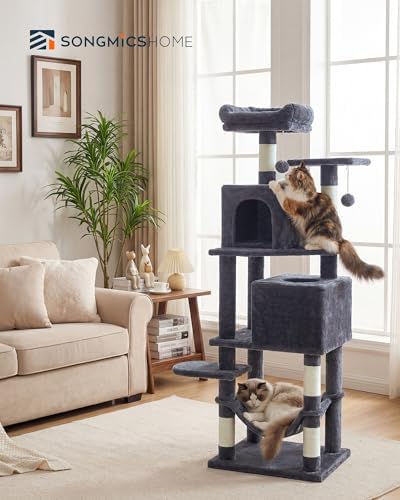 SONGMICS HOME Cat Tree for Indoor Cats, Multi-Level Cat Tower with Sisal Scratching Posts, Hammock and Condo, Dark Gray - Image 2