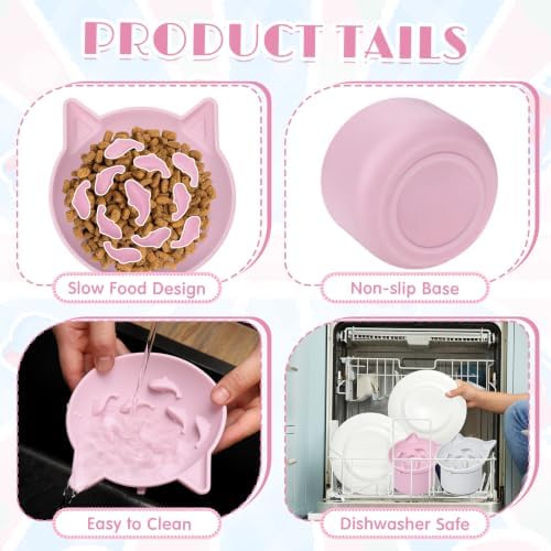 Funnymoom 2 Pack Silicone Cat Slow Feeder, Elevated Slow Feeder Cat Bowl for Dry and Wet Food, Tilted Design with Non Slip Base, Adjustable Angle for Pet(Pink and Blue) - Image 5