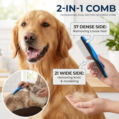 3-in-1 Pet Grooming Kit Rake Metal Comb & Bath Brush Blue - Image 3