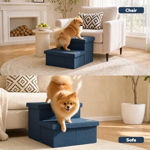 2-Step Wide Dog Stairs with Storage 11" H, Non-Slip Sturdy Pet Steps for Couch Chair, Dog Steps for Small/Medium Old Dogs, Cats, Rabbits Up to 150lbs, Foldable Cat Puppy Stairs for Car, Navy - Image 6