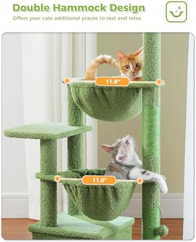 MUTTROS Cactus Cat Tree, 47.6" Cat Tower with 2 Metal Frame Hammock, Cat Scratching Post for Indoor Cats with 2 Removable Pompom Sticks for Kittens, Green - Image 3