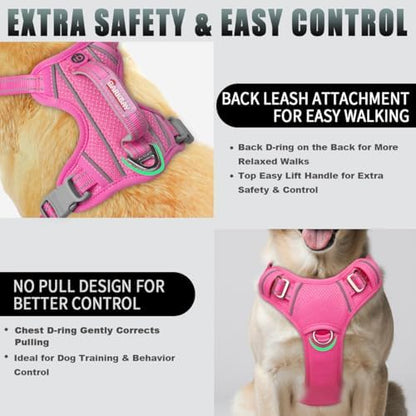 BARKBAY No Pull Dog Harness Large Reflective Dog Harness with Front Clip and Easy Control Handle for Walking Training Running with ID tag Pocket(Pink,XL) - Image 3