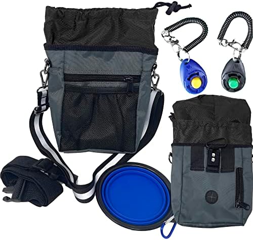 Jalousie Dog Training Pouch with Training Clicker and Water Bowl - 5 Ways to Wear - Carry Toys, Treats for Positive Reinforcement - Built-in Poop Bag Dispenser (Grey) by Jalousie
