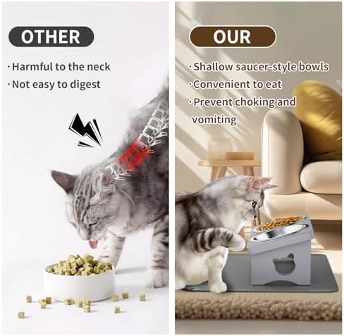 Elevated Cat Bowls with 15° Tilted Solid Wood Stand,Slate Grey - Image 3