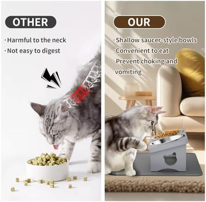 Elevated Cat Bowls with 15° Tilted Solid Wood Stand,Slate Grey - Image 3