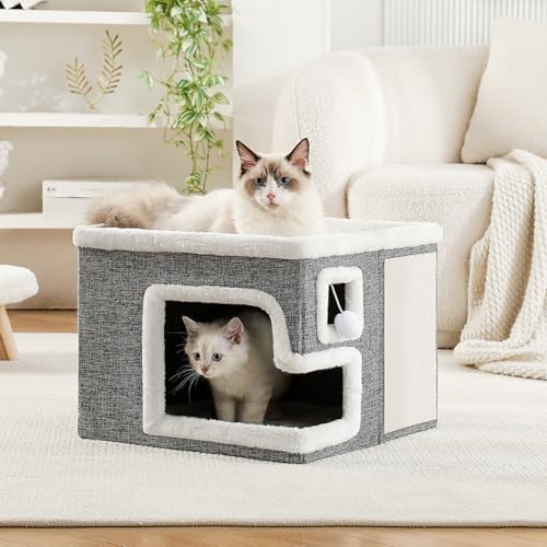 Cat Houses for Indoor Cats, Covered Cave Bed with Scratch Pad and Fluffy Ball, Foldable Cat Hideaway Condo for Large Cats, Modern Kitten Bed,16.5x16.5x13 inches (Grey, Large) - Image 7