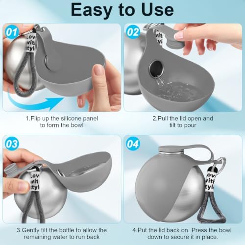2 in 1 Dog Water Bottle with Bowl, 10oz Stainless Steel - Grey - Image 3