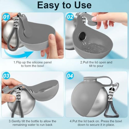 2 in 1 Dog Water Bottle with Bowl, 10oz Stainless Steel - Grey - Image 3