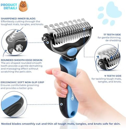 Undercoat Rake for Dogs & Cats, Dematting Comb with Extra Wide Double-Sided Stainless Steel Teeth for Detangling, Deshedding, Brushing, Thinning & Removing Shed Fur, Knots, Mats, and Tangles in Pets - Image 2