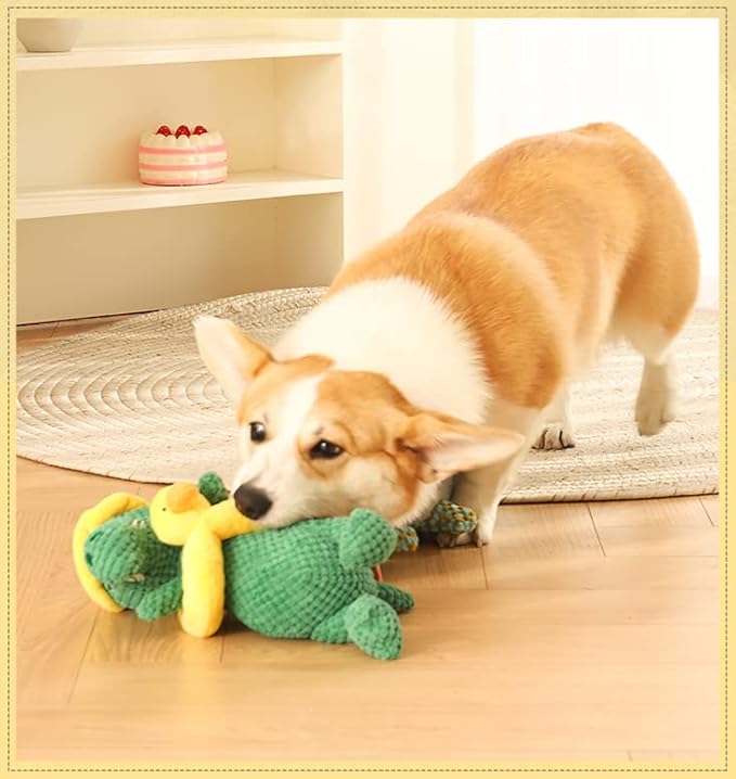 Squeaky Dinosaur Dog Toy - Multifunctional 2 in 1 Funny Plush Stuffed Animal Interactive Dog Toy Frisbee for Chewers Puppy Small Big Large Breed Dogs