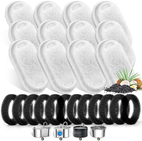 Cat Water Fountain Filters for Stainless Steel 67oz/2L Adjustable Water Flow Pet Fountain, 12 Pack Pet Replacement Filters with 12 Sponges by Monsin