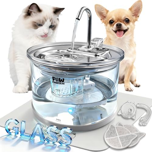 Glass Cat Water Fountain 70oz Dishwasher Safe Pet & Dog Fountain by PAWPAWSEN