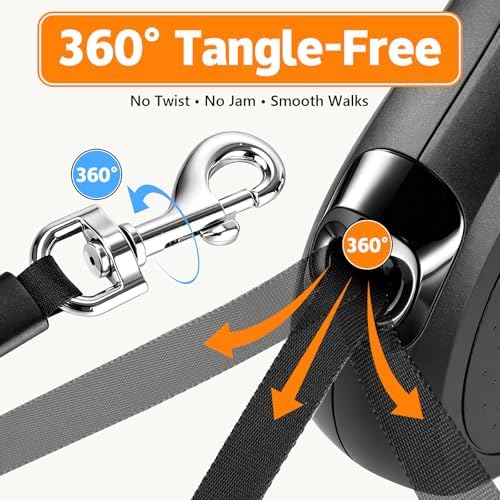Retractable Dog Leash, 16 FT Strong Nylon Tape for Small and Medium Dogs up to 55 lbs, 360° Tangle-Free Design, One-Hand 3-Mode Brake & Lock, Ergonomic Non-Slip Handle, Black - Image 4