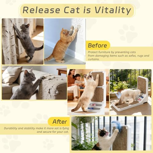 Cat Scratcher Cat Scratch Pad L Shape Wall Mounted Dual Use (Vert/Horiz) Kitten Bunifa Scratching Card Board Vertical Post with Ball Toys Feathers,Protecting Furniture Core is Replaceable Large White - Image 4