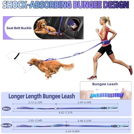 Roses&Poetry Hands Free Dog Leash with Zipper Pouch, 6-9ft Bungee Waist Leash for Medium Large Dogs Walking, Running Lead with Dual Padded Handles Car Safety Buckle for Training Jogging - Image 3