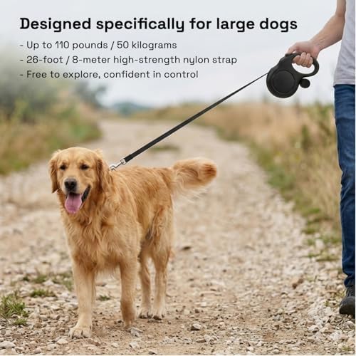 26ft Retractable Dog Leash for Large Dogs up to 110 lbs, Black - Image 6
