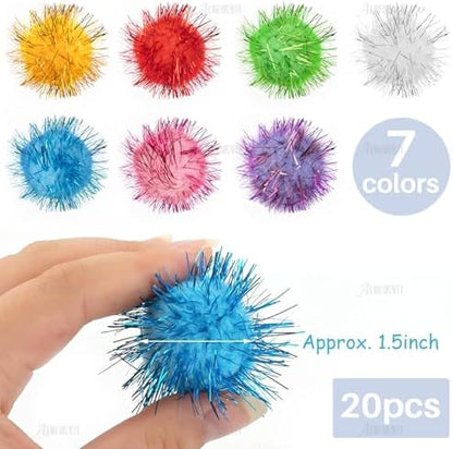 AUEAR, 20 Pack Sparkle Balls 1.5 Inches Tinsel Poms for Cats Pets Assorted Colors - Image 2