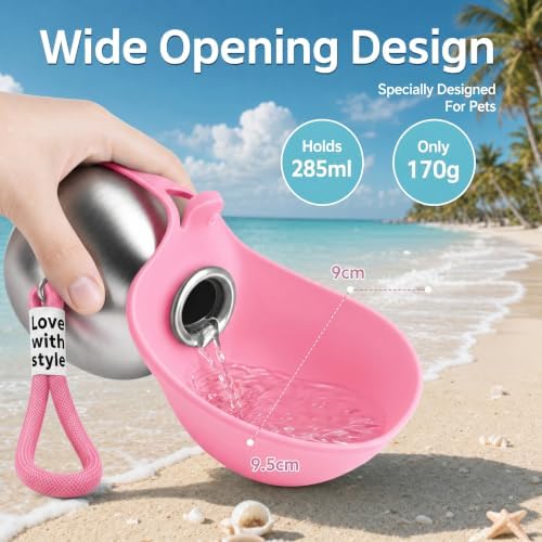 2 in 1 Portable Dog Water Bottle, 2026 New 10oz Spherical Stainless Steel Pet Bottle with Silicone Foldable Bowl,No-Spill Leak-Proof Design,Dog Water Bottle for Walking,Hiking & Travel & Camping-Pink - Image 5