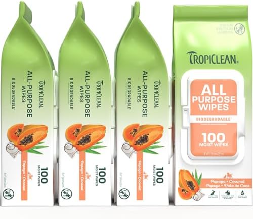 TropiClean All Purpose Dog Cleaning Wipes, Papaya Scent, 100ct, 4 Pack by TropiClean