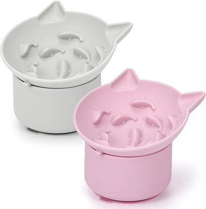 2 Pack Silicone Cat Slow Feeder, Elevated Slow Feeder Cat Bowl for Dry and Wet Food, Tilted Design with Non Slip Base, Adjustable Angle for Pet(Gray and Pink)