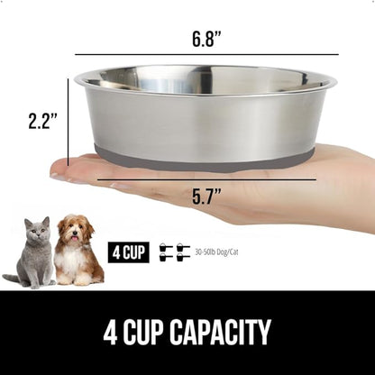 GORILLA GRIP Dog Bowl, Holds 4 Cups (32 fl oz), Food Grade 304 Stainless Steel Food and Water Bowl for Feeding Dogs and Cats, BPA Free Rubber Base, Easy Clean, Dishwasher Safe, Rust Resistant, Gray