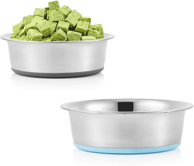 Stainless Steel Dog Bowls 2 Pack – 2 Cup Pet Food & Water Bowls with Non-Slip Rubber Base, Dishwasher Safe, for Small Dogs & Cats