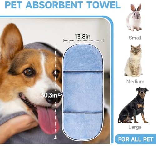 Dog Washing Gloves - Quick Drying Dog Towel,Cat Bath Grooming Gloves Brush with High-Density Teeth for Bathing Massaging，Absorbent Pet Bath Towel 30.3"x13.8" with Hand Pocket for Dog Cat Blue - Image 5