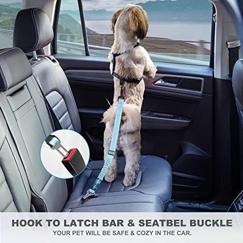 Dog Seat Belt 3-in-1 Car Harness for Dogs Adjustable Safety Seatbelt for Car Nylon Reflective Bungee Fabric Dog Car Harness with Clip Hook Latch & Buckle, Swivel Zinc Alloy Carabiner (Light Blue) - Image 7